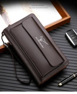 KANGAROO Brand Men Clutch Bag Fashion Leather Long Purse Double Zipper Business Wallet Black Brown Male Casual Handy Bag