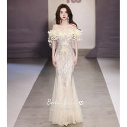 BeitifuBaby Elegant Prom Dress for Women Evening Party Off The Shoulder Sleeveless Fishtail Skirt Sequins Heavy Industry Banquet