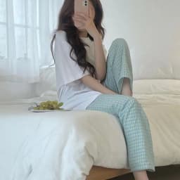 Summer Home Wear Plaid Nine-point Trousers Casual Relaxed Breathable Thin Elastic Waist Trousers Female Students Pajama Pants