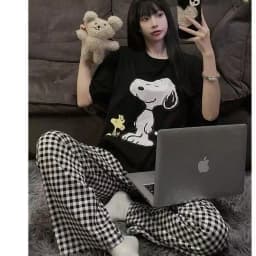 Summer Home Wear Plaid Nine-point Trousers Casual Relaxed Breathable Thin Elastic Waist Trousers Female Students Pajama Pants