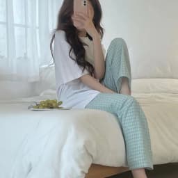 Summer Home Wear Plaid Nine-point Trousers Casual Relaxed Breathable Thin Elastic Waist Trousers Female Students Pajama Pants