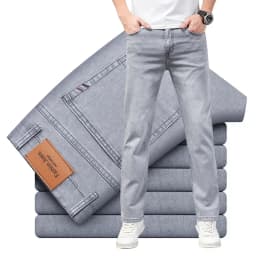Summer Brand Men's Fit Straight Lightweight Cotton Stretch Jeans Business Casual High Waist Thin Light Grey Jeans mens pants