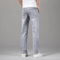 Summer Brand Men's Fit Straight Lightweight Cotton Stretch Jeans Business Casual High Waist Thin Light Grey Jeans mens pants