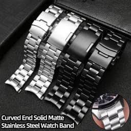 Curved End Solid Matte Stainless Steel Watch Band For Seiko Citizen Casio Timex 20mm 22mm Black Metal Strap Watch Accessories