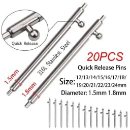 20pcs Quick Release Strap Pins 1.5 1.8mm Diameter Stainless Steel Spring Bars 12/13/14/15/16/17/18/19/20/21/22/24mm Metal Spring