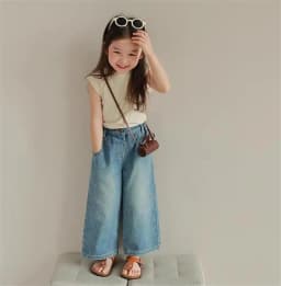 Humor Bear Girls’ Jeans Kids Clothing Summer Baggy Multi-pocket Elastic-waisted Long Jeans Wide-leg Pants Girls Pants