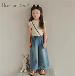 Humor Bear Girls’ Jeans Kids Clothing Summer Baggy Multi-pocket Elastic-waisted Long Jeans Wide-leg Pants Girls Pants