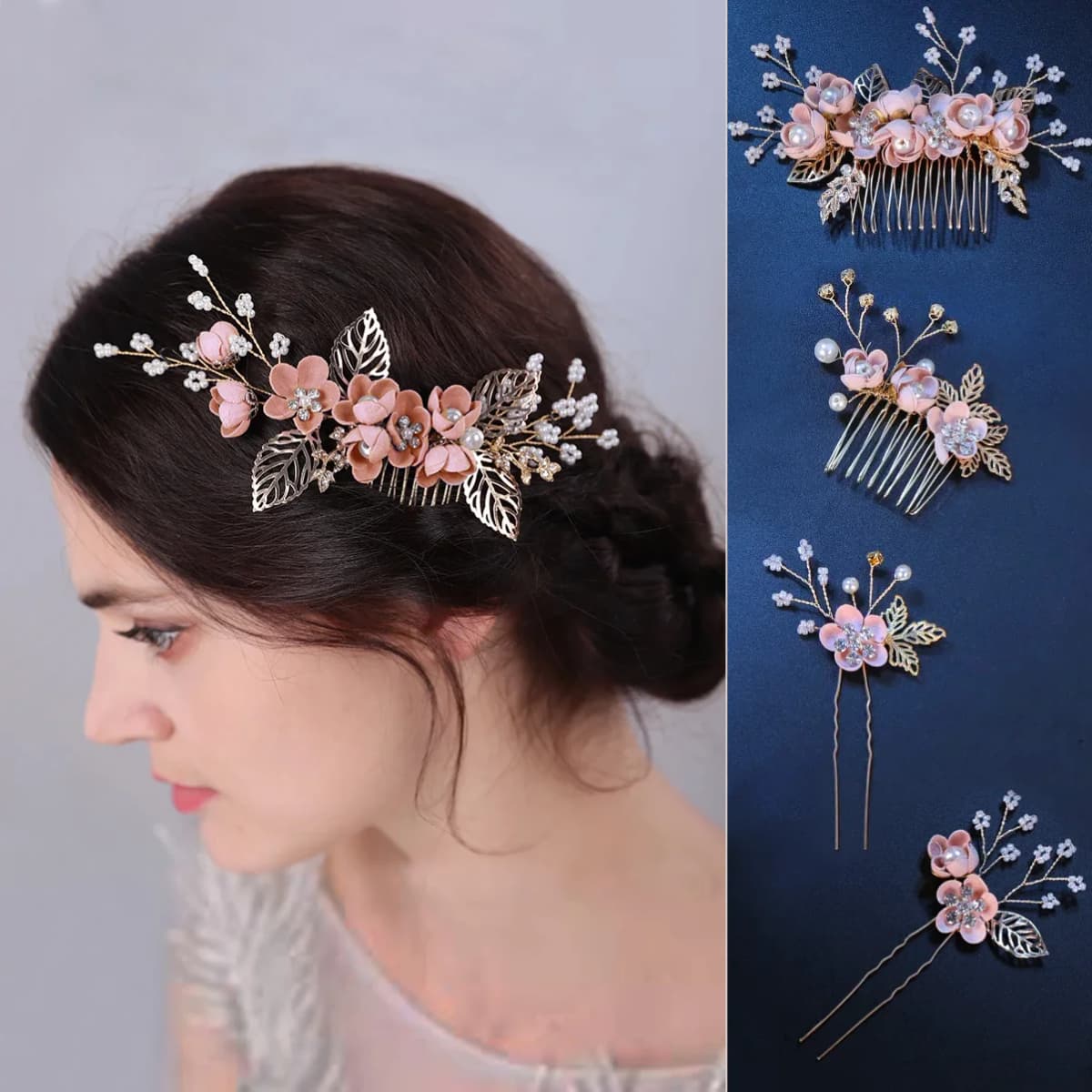 Pink/Blue Flower Bridal Hair Comb and Hairpins Pearl Wedding Hair Accessories Flower Head Piece For Women Ladies Hair Jewelry