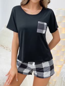 Women's new style pajamas set Black top plaid shorts two-piece casual home wear