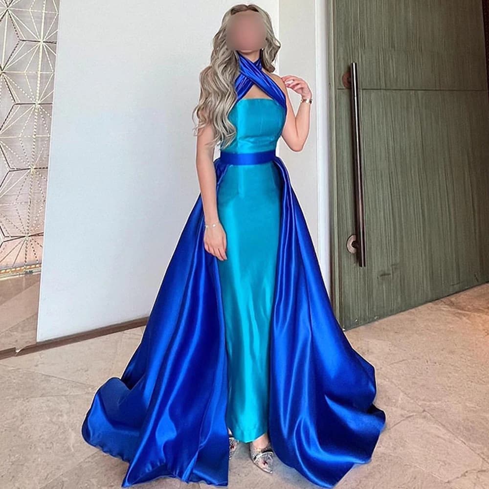 Saudi Arabia Customized A-Line Blue Satin Evening Dress Classic Halter Sleeveless Party Gowns Contrast Color Prom Dresses