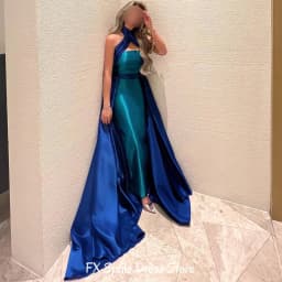 Saudi Arabia Customized A-Line Blue Satin Evening Dress Classic Halter Sleeveless Party Gowns Contrast Color Prom Dresses