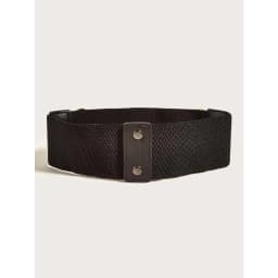 Women Gold Chain Decor Snap Button 8cm Wide Black Elastic Belt