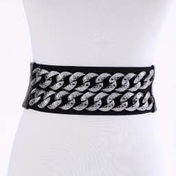Women Gold Chain Decor Snap Button 8cm Wide Black Elastic Belt