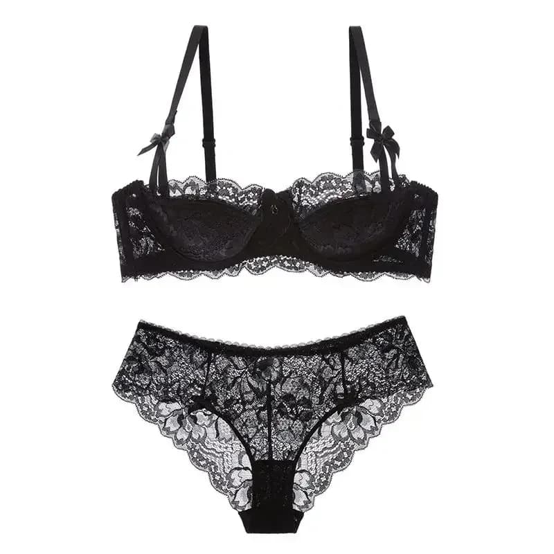 MOYISU 1/2 Ear AB Cup Pure Desire Girl Bra Set | Pull-up Bra Set With Bow Breathable French Lace Bra | Anti-Slip Cup Date Night