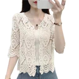 Women Knitted Lace Shrug Boho Hollow Crochet Floral 3/4 Sleeves Open Front Cropped Cardigan Elegant Mesh Sweater Coveup