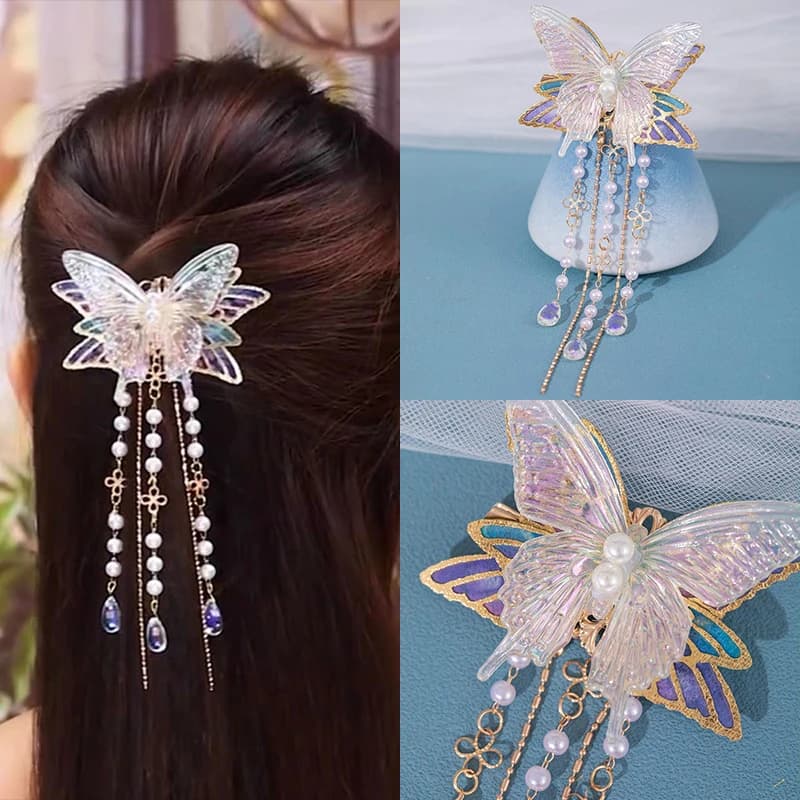 Fashion Crystal Pearl Tassel Butterfly For Women Bride Jewelry Wedding Hair Accessories Head Claws Clips