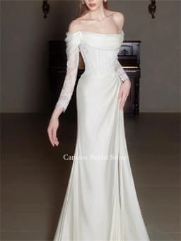 SONDR Off the Shoulder Fashion Korea Lace White Wedding Dresses Photo Shoot VINTAGE Satin Sweep Train Customized Bridal Gown