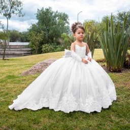 Pink Tulle Flower Girl Dress For Wedding Full Sleeves Puffy Applique Floor Length Princess Kids Birthday First Communion Gown
