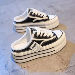 Women's Baotou Slippers Autumn New Round Head Lace-up Canvas Shoes No Heel Lazy Thick Sole Half Drag