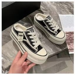 Women's Baotou Slippers Autumn New Round Head Lace-up Canvas Shoes No Heel Lazy Thick Sole Half Drag