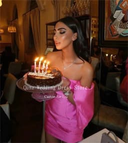 Qanz Satin Pink Mini Cocktail Party Dresses Strapless Sexy Short Prom Dresses Customized Club Night 2024 Birthday Dress