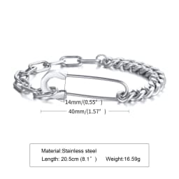 Bracelet Mens, Stainless Steel,Safety Pin with Half Cuban Chain, Half Rectangle Link Bracelets of Men Jewelry