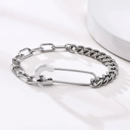 Bracelet Mens, Stainless Steel,Safety Pin with Half Cuban Chain, Half Rectangle Link Bracelets of Men Jewelry