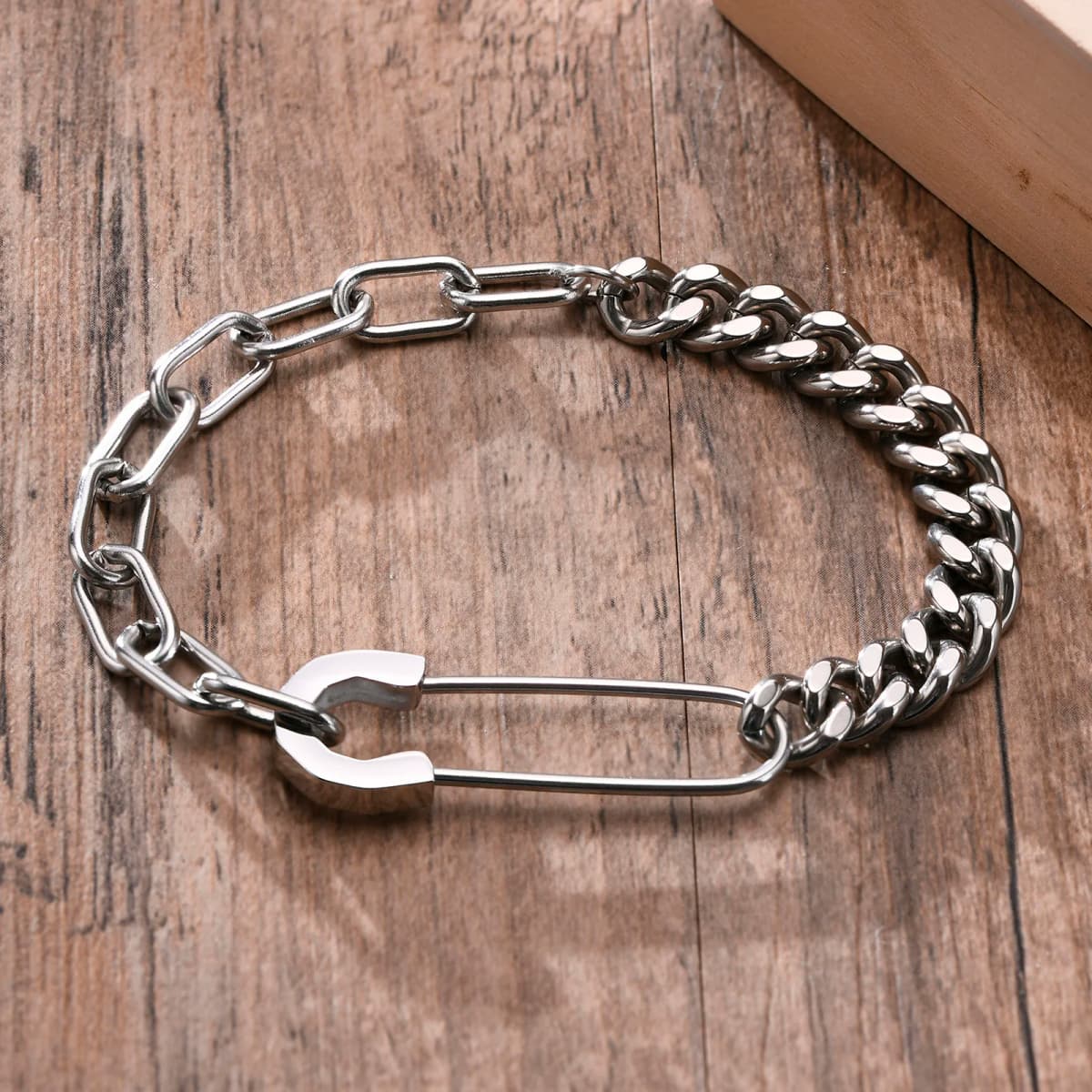 Bracelet Mens, Stainless Steel,Safety Pin with Half Cuban Chain, Half Rectangle Link Bracelets of Men Jewelry