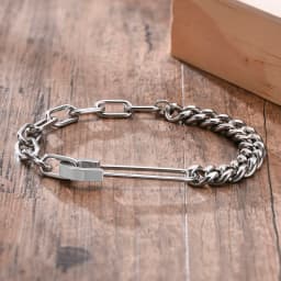 Bracelet Mens, Stainless Steel,Safety Pin with Half Cuban Chain, Half Rectangle Link Bracelets of Men Jewelry