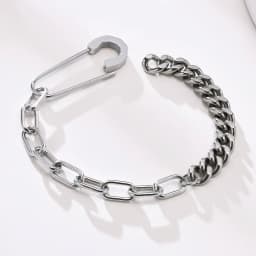 Bracelet Mens, Stainless Steel,Safety Pin with Half Cuban Chain, Half Rectangle Link Bracelets of Men Jewelry