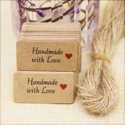 100pcs Kraft Paper Tags with Strings Handmade with Love Hang Tags Garment Tags for Candy/Gift/Cookies Display Packing Label Card