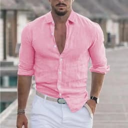 New Men's Shirt Cotton linen Casual Polo Neck Beach Shirt Long Sleeve Solid Hawaiian Holiday Shirts Streetwear