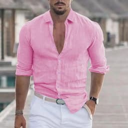 New Men's Shirt Cotton linen Casual Polo Neck Beach Shirt Long Sleeve Solid Hawaiian Holiday Shirts Streetwear