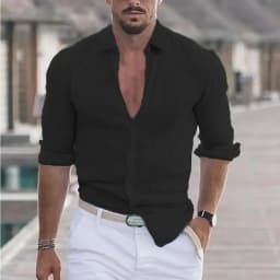 New Men's Shirt Cotton linen Casual Polo Neck Beach Shirt Long Sleeve Solid Hawaiian Holiday Shirts Streetwear