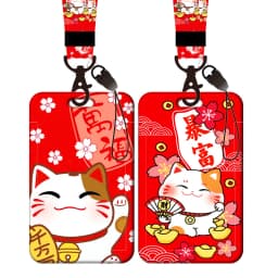 Lucky Cat ID Card Holder Lanyard Plutus Cat Bank Card Case Neck Strap Red Card Protectors Badge Credential Holders Keychain