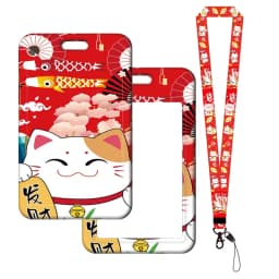 Lucky Cat ID Card Holder Lanyard Plutus Cat Bank Card Case Neck Strap Red Card Protectors Badge Credential Holders Keychain