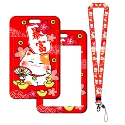 Lucky Cat ID Card Holder Lanyard Plutus Cat Bank Card Case Neck Strap Red Card Protectors Badge Credential Holders Keychain
