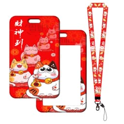 Lucky Cat ID Card Holder Lanyard Plutus Cat Bank Card Case Neck Strap Red Card Protectors Badge Credential Holders Keychain