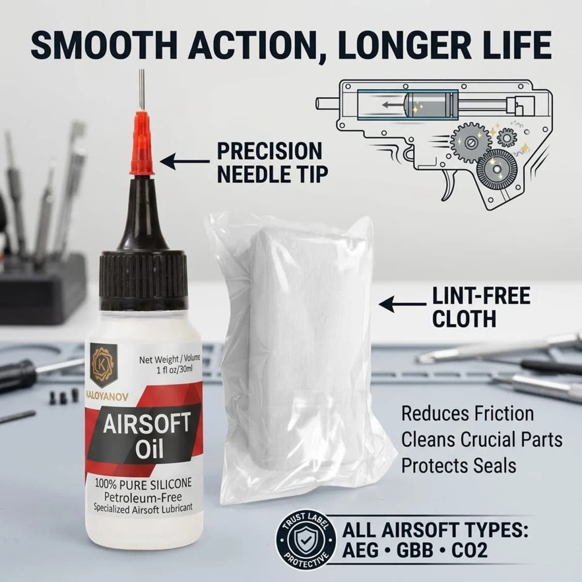 Airsoft Silicone Lubricant with Precision Needle Tip & Cleaning Wipes for Paintball GBB AEG O-Rings Petroleum-Free Oil 30ml Set