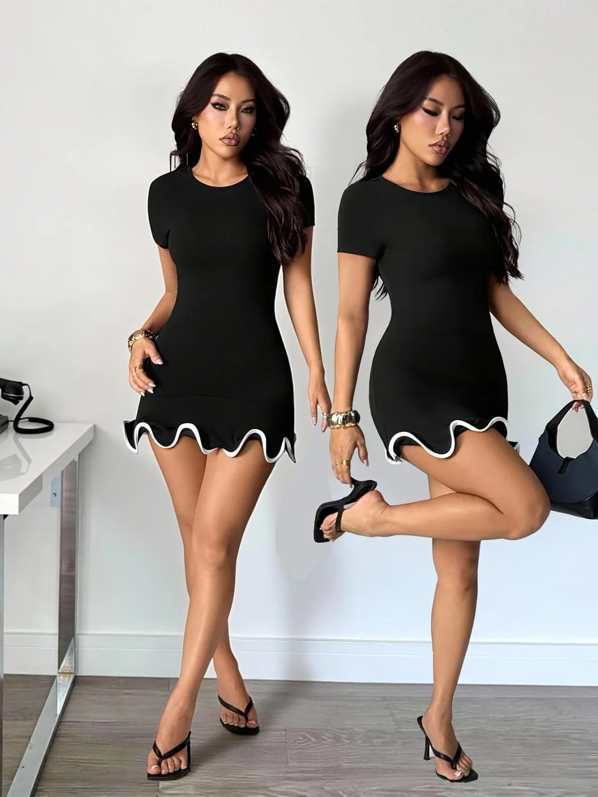 Round neck ruffled slim-fit mini dress