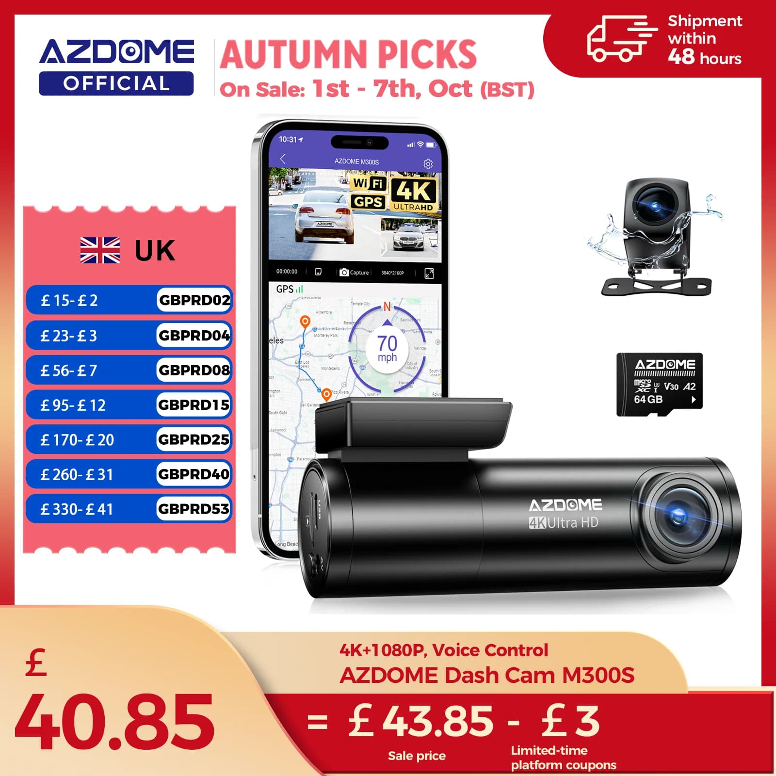 AZDOME M300S 4K Dash Cam Front and Rear, Built-in ADAS WiFi GPS Dash Camera for Cars, Free 64GB Card, Voice Control, Night Visio