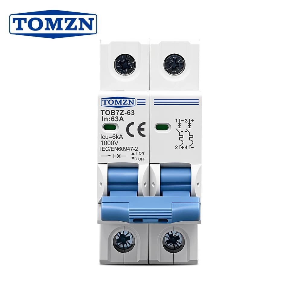 TOMZN 2P DC MCB 1000V Solar Mini Circuit Breaker 3A 6A 10A 16A 20A 25A 32A 40A 50A 63A DC MCB for PV System