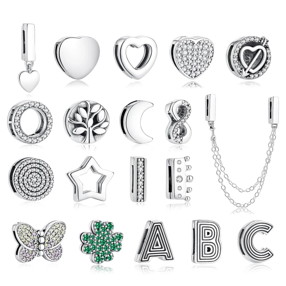 Original 925 Sterling Silver Charms Flat Clip Heart Butterfly Letters Chains Beads Fit Brand Bracelets Diy Jewelry For Women