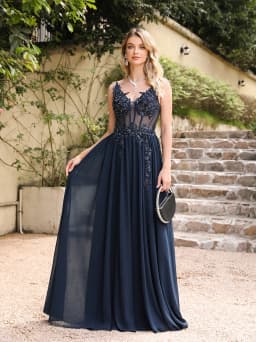 Spaghetti Straps Navy Blue A Line Evening Dresses 2025 Elegant Beaded Appliques Illusion Prom Gowns Formal Party Vestido De Gala