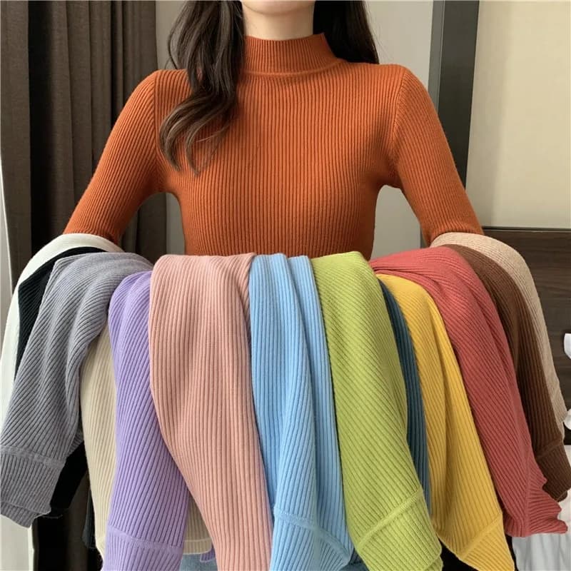 Zjaiss 2026 Autumn Basic Bottoming Sweater Top Women Ribbed Soft Mock Neck Elastic Pullover Warm Solid Color Slim Jumper