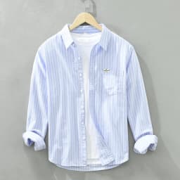 Men's Fashion Striped All-in-one Teen Cotton Comfortable Breathable Trend British Style Outdoor Casual Long-sleeved Cotton Shirt