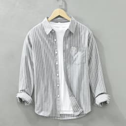Men's Fashion Striped All-in-one Teen Cotton Comfortable Breathable Trend British Style Outdoor Casual Long-sleeved Cotton Shirt