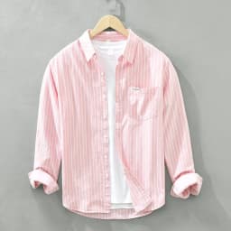 Men's Fashion Striped All-in-one Teen Cotton Comfortable Breathable Trend British Style Outdoor Casual Long-sleeved Cotton Shirt