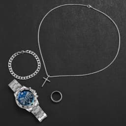 4pcs/set Men's Watches Fashion Arabic Dial Quartz Watch Male's Silver Band Wristwatches Jewelry Set (Without Box）