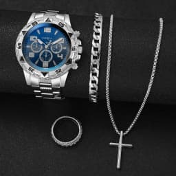 4pcs/set Men's Watches Fashion Arabic Dial Quartz Watch Male's Silver Band Wristwatches Jewelry Set (Without Box）